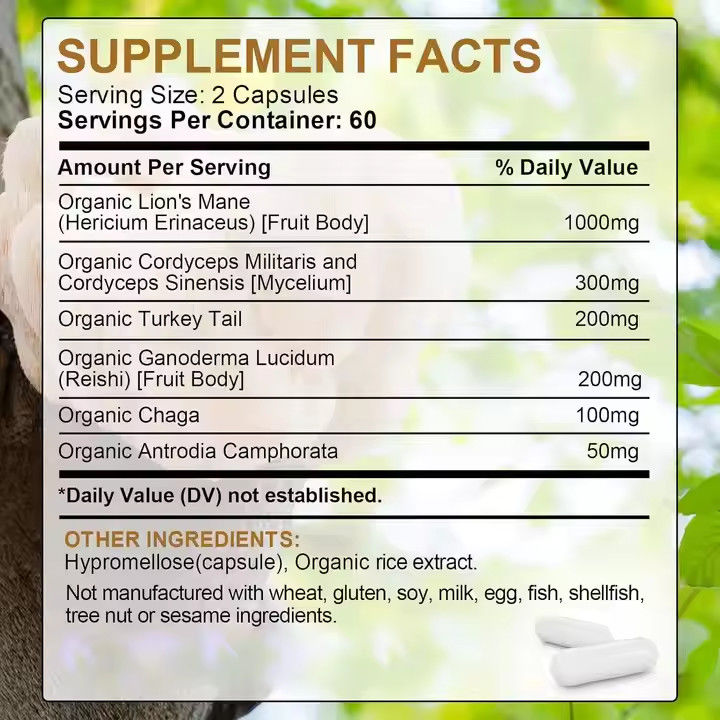 OEM Organic Lion's Mane Capsules with Turkey Tail Supplement hỗ trợ trí nhớ
