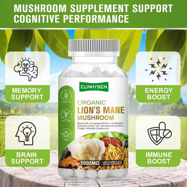 OEM Organic Lion's Mane Capsules with Turkey Tail Supplement hỗ trợ trí nhớ