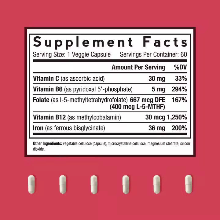 Các viên nang sắt với vitamin bổ sung hỗ trợ Hồng cầu hình thành 60 viên nang