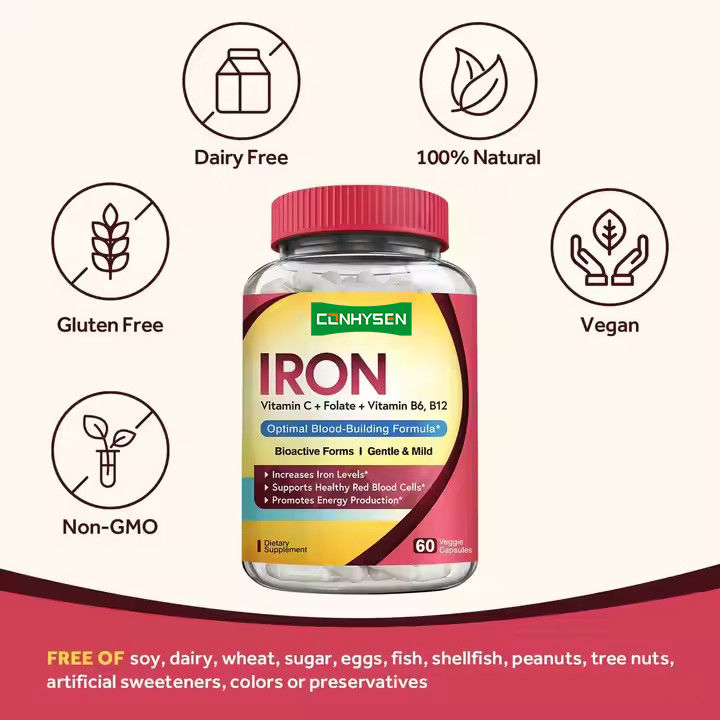 Các viên nang sắt với vitamin bổ sung hỗ trợ Hồng cầu hình thành 60 viên nang