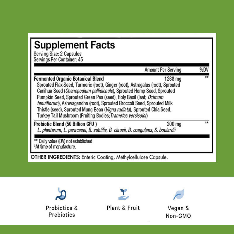 Viên nang men vi sinh nhãn riêng hỗ trợ tiêu hóa tốt hơn với hỗn hợp thực vật hữu cơ lên men