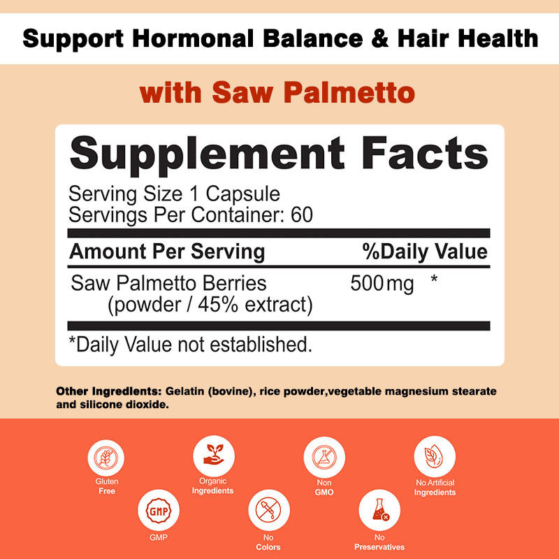 Không biến đổi gen Saw Palmetto viên nang 500mg hỗ trợ phức tạp cân bằng hormone Sức khỏe tóc