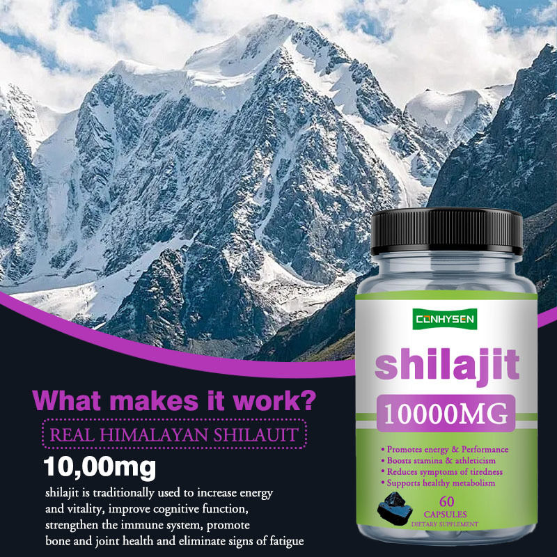 Viên nang Shilajit nguyên chất 1000mg nhãn riêng, viên nang chăm sóc sức khỏe, tăng cường năng lượng và hiệu suất