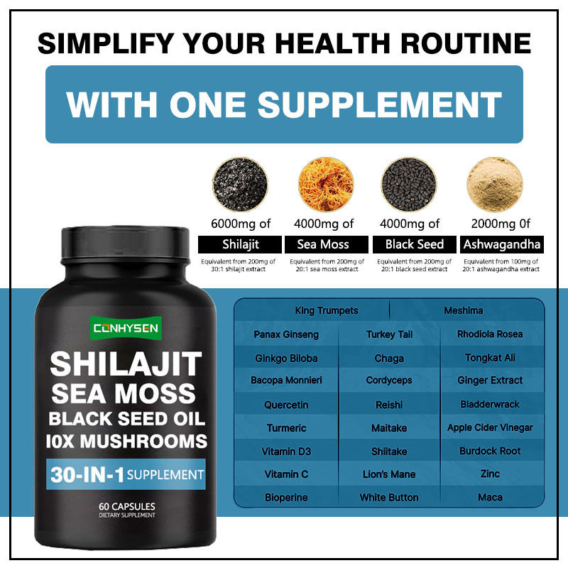 Các viên nang Shilajit với dầu hạt đen của rêu biển bổ sung chế độ ăn uống để hỗ trợ miễn dịch