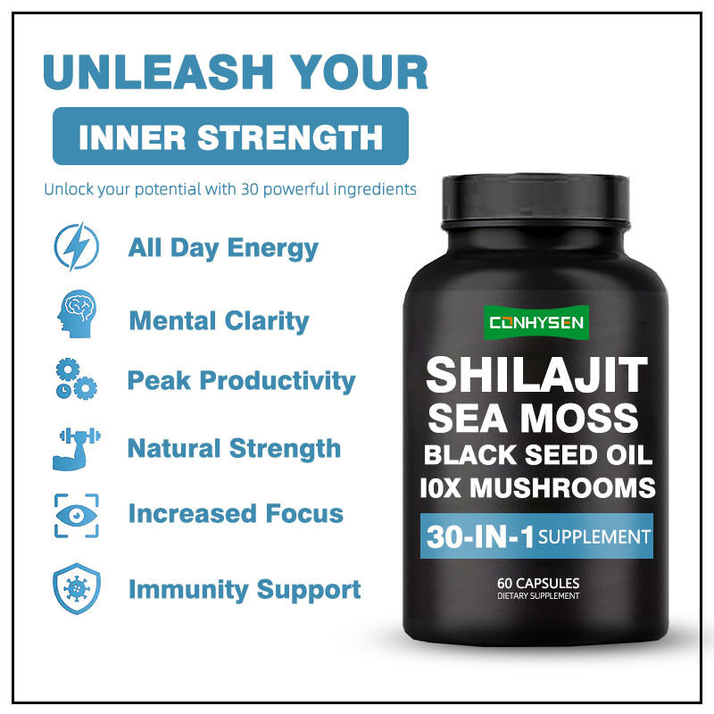 Các viên nang Shilajit với dầu hạt đen của rêu biển bổ sung chế độ ăn uống để hỗ trợ miễn dịch