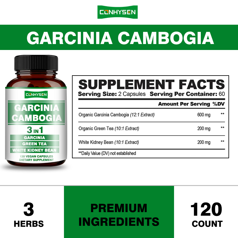 Viên nang Garcinia Cambogia Bán Chạy 3 trong 1, Viên nang thuần chay, Thúc đẩy sản xuất năng lượng với Trà xanh