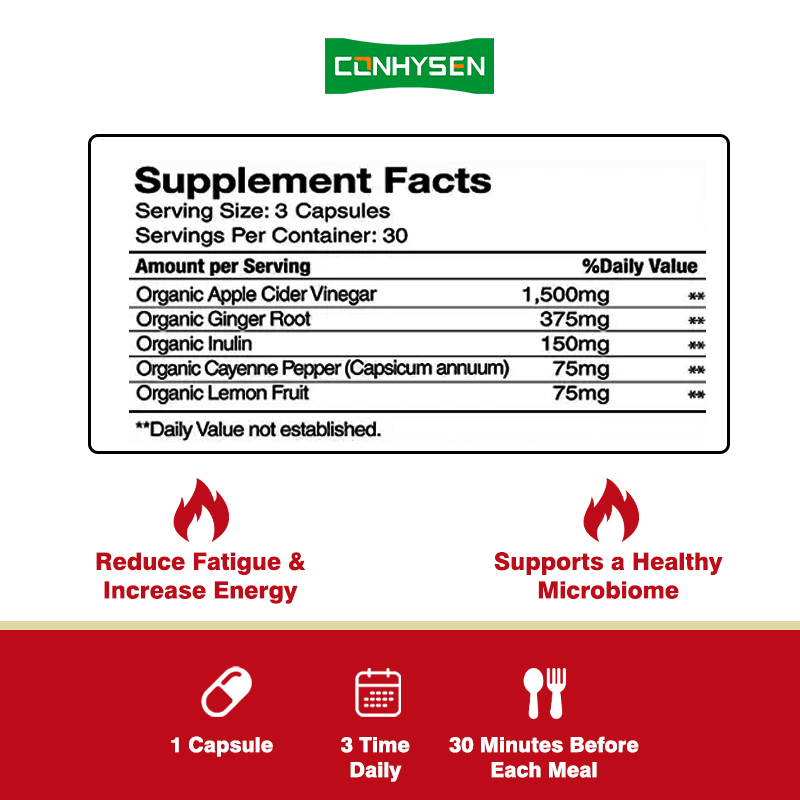 Bán buôn Tùy chỉnh 8 Viên Uống Bổ Sung Prebiotics Giấm Táo Hữu Cơ với Gừng Chanh