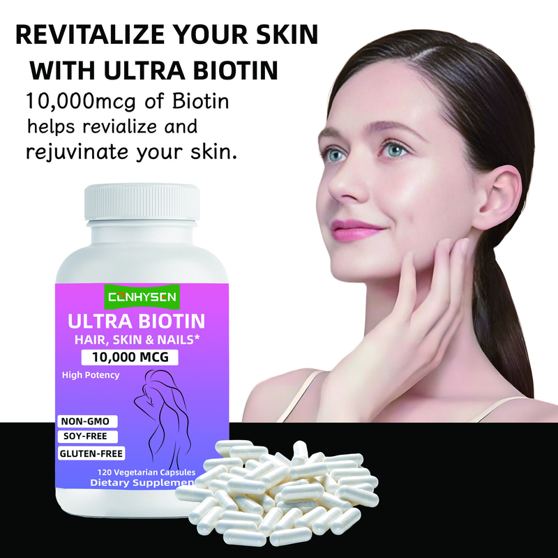 Viên nang Ultra Biotin mang thương hiệu riêng, không biến đổi gen, thúc đẩy vẻ đẹp cho tóc, da và móng, thực phẩm bổ sung