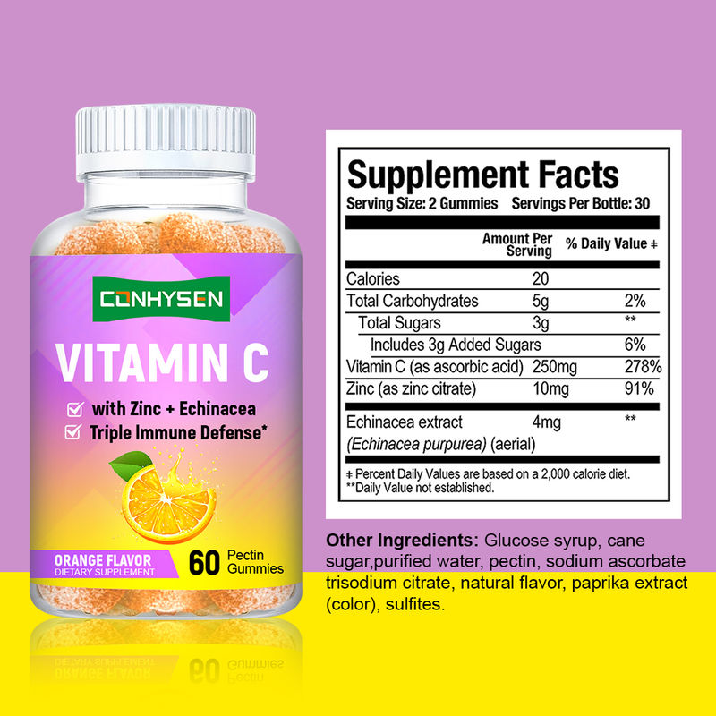 Nhà máy Vitamin C kẹo cao su hương vị cam nhãn tùy chỉnh hỗ trợ sức khỏe tim