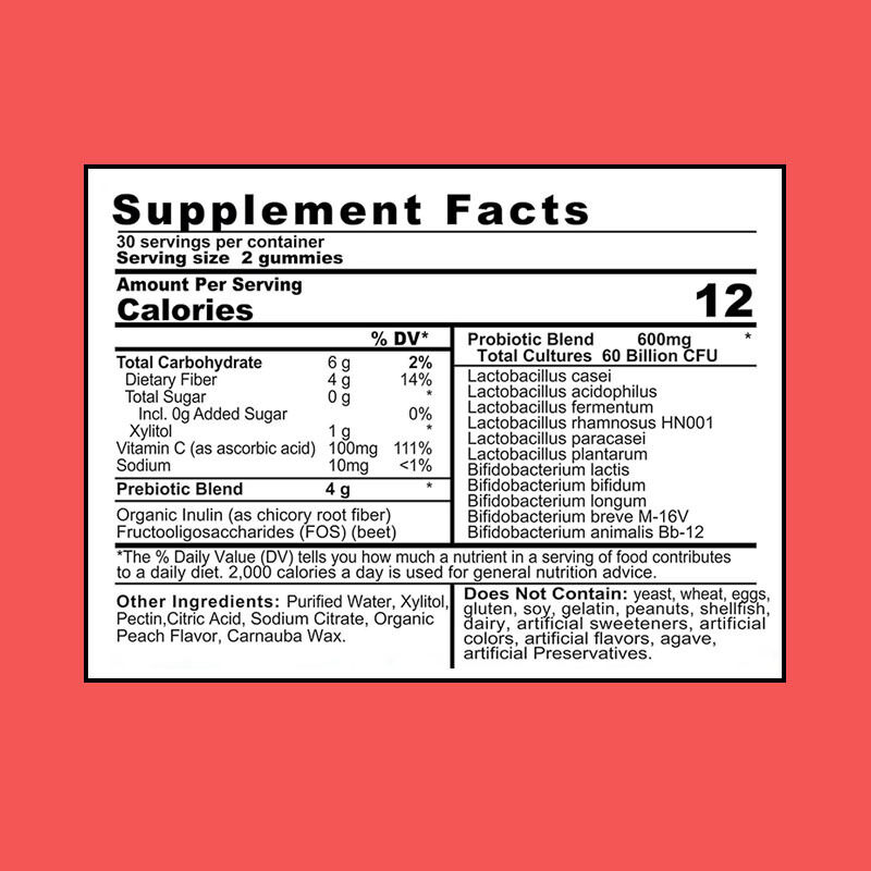 OEM/ODM 4g Prebiotics Probiotics Gummies 60 Billion CFU Immunity Booster Thức khỏe ruột Tăng cường sức khỏe ruột với tính chất chống oxy hóa Người lớn